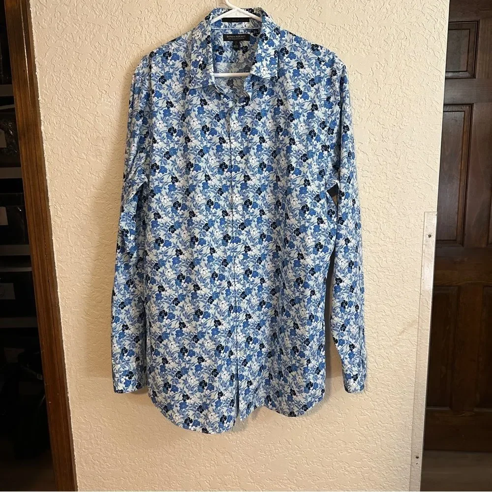 Banana Republic Slim Non-Iron ‎ Blue Floral Cotton Men's Long Sleeve Shirt Large